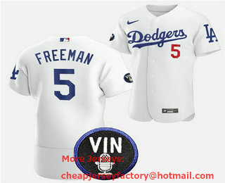 Men's Los Angeles Dodgers #5 Freddie Freeman 2022 White Vin Scully Patch Flex Base Stitched Baseball Jersey