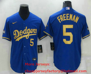 Men's Los Angeles Dodgers #5 Freddie Freeman Blue Gold Stitched MLB Cool Base Nike Fashion Jersey