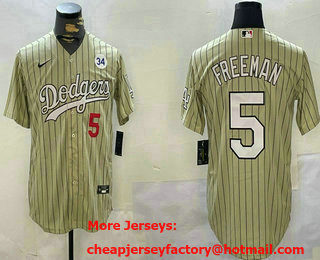 Men's Los Angeles Dodgers #5 Freddie Freeman Cream Pinstripe 34 Patch Stitched Cool Base Nike Jersey