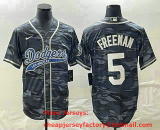 Men's Los Angeles Dodgers #5 Freddie Freeman Gray Camo Cool Base With Patch Stitched Baseball Jersey 01