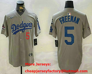 Men's Los Angeles Dodgers #5 Freddie Freeman Grey 2024 World Series Champions Fernando 34 Patch Limited Fashion Jersey