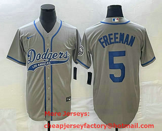 Men's Los Angeles Dodgers #5 Freddie Freeman Grey Cool Base Stitched Baseball Jersey 01