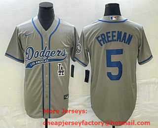 Men's Los Angeles Dodgers #5 Freddie Freeman Grey Cool Base Stitched Baseball Jersey 02