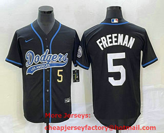 Men's Los Angeles Dodgers #5 Freddie Freeman Number Black Cool Base Stitched Baseball Jersey 03