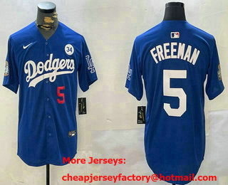 Men's Los Angeles Dodgers #5 Freddie Freeman Number Blue 2024 World Series With Fernando 34 Patch Limited Stitched Jersey