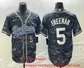 Men's Los Angeles Dodgers #5 Freddie Freeman Number Gray Camo Cool Base With Patch Stitched Baseball Jersey 01