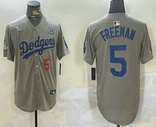 Men's Los Angeles Dodgers #5 Freddie Freeman Number Grey 2024 World Series Limited Fashion Stitched Jersey 11