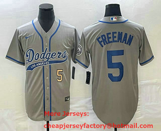 Men's Los Angeles Dodgers #5 Freddie Freeman Number Grey Cool Base Stitched Baseball Jersey 03