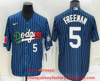 Men's Los Angeles Dodgers #5 Freddie Freeman Number Navy Blue Pinstripe 2020 World Series Cool Base Nike Jersey 01