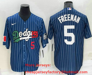 Men's Los Angeles Dodgers #5 Freddie Freeman Number Navy Blue Pinstripe 2020 World Series Cool Base Nike Jersey