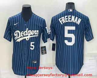 Men's Los Angeles Dodgers #5 Freddie Freeman Number Navy Blue Pinstripe Stitched MLB Cool Base Nike Jersey