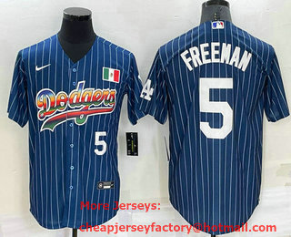 Men's Los Angeles Dodgers #5 Freddie Freeman Number Rainbow Blue Red Pinstripe Mexico Cool Base Nike Jersey