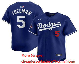 Men's Los Angeles Dodgers #5 Freddie Freeman Number Royal 2024 World Series Champions Limited Stitched Jersey