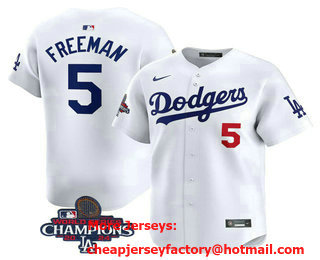 Men's Los Angeles Dodgers #5 Freddie Freeman Number White 2024 World Series Champions Limited Stitched Jersey