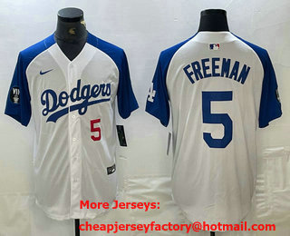 Men's Los Angeles Dodgers #5 Freddie Freeman Number White Blue Fashion Stitched Cool Base Limited Jersey 11