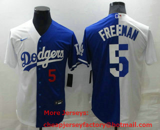 Men's Los Angeles Dodgers #5 Freddie Freeman Number White Blue Split Cool Base Stitched Baseball Jersey