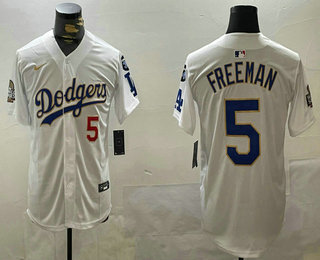 Men's Los Angeles Dodgers #5 Freddie Freeman Number White Gold 2024 World Series Limited Fashion Stitched Jersey
