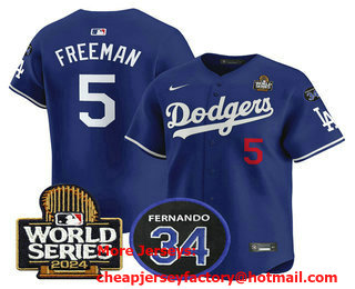 Men's Los Angeles Dodgers #5 Freddie Freeman Royal 2024 World Series With Fernando 34 Patch Limited Stitched Jersey