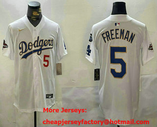 Men's Los Angeles Dodgers #5 Freddie Freeman White Gold 2024 World Series Champions Limited Fashion Jersey