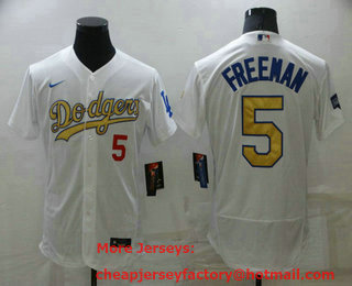 Men's Los Angeles Dodgers #5 Freddie Freeman White Gold Championship Flex Base Sttiched MLB Jersey