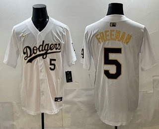 Men's Los Angeles Dodgers #5 Freddie Freeman White Gold Stitched Cool Base Jersey