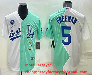 Men's Los Angeles Dodgers #5 Freddie Freeman White Green Number 2022 Celebrity Softball Game Cool Base Jersey 02