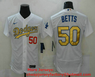 Men's Los Angeles Dodgers #50 Mookie Betts 2020 White Gold Sttiched Nike MLB Jersey