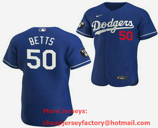 Men's Los Angeles Dodgers #50 Mookie Betts 2022 Blue Vin Scully Patch Flex Base Stitched Baseball Jersey