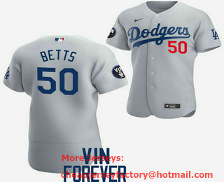 Men's Los Angeles Dodgers #50 Mookie Betts 2022 Grey Vin Scully Patch Flex Base Stitched Baseball Jersey
