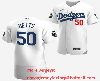 Men's Los Angeles Dodgers #50 Mookie Betts 2022 White Vin Scully Patch Flex Base Stitched Baseball Jersey