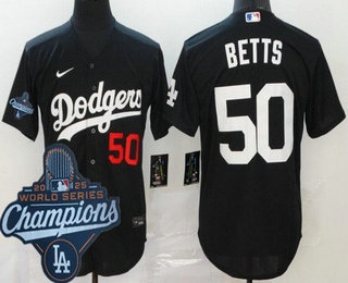 Men's Los Angeles Dodgers #50 Mookie Betts Black 2025 World Series Champions Cool Base Jersey