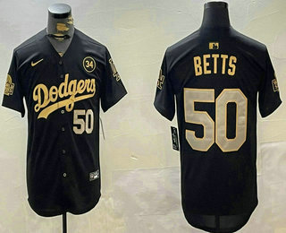 Men's Los Angeles Dodgers #50 Mookie Betts Black Gold 2024 World Series 34 Patch Stitched Cool Base Jersey