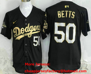 Men's Los Angeles Dodgers #50 Mookie Betts Black Gold 2024 World Series Champions Stitched Cool Base Jersey