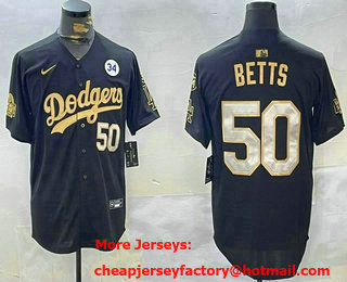 Men's Los Angeles Dodgers #50 Mookie Betts Black Gold 2024 World Series Number 34 Patch Stitched Jersey