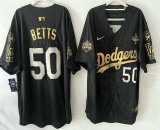 Men's Los Angeles Dodgers #50 Mookie Betts Black Gold 2025 World Series Champions Limited Stitched Jersey