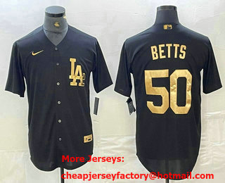 Men's Los Angeles Dodgers #50 Mookie Betts Black Gold Cool Base Stitched Jersey