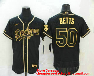 Men's Los Angeles Dodgers #50 Mookie Betts Black With Gold Stitched MLB Flex Base Nike Jersey