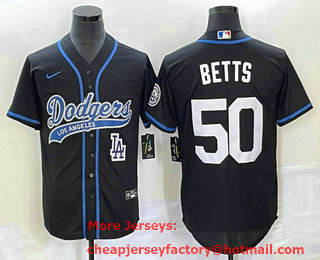 Men's Los Angeles Dodgers #50 Mookie Betts Black With Patch Cool Base Stitched Baseball Jersey 01