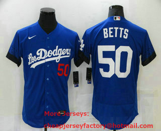 Men's Los Angeles Dodgers #50 Mookie Betts Blue 2021 City Connect Flex Base Stitched Jersey