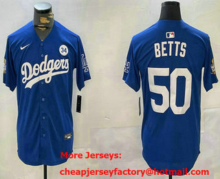 Men's Los Angeles Dodgers #50 Mookie Betts Blue 2024 World Series With Fernando 34 Patch Limited Stitched Jersey