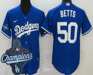 Men's Los Angeles Dodgers #50 Mookie Betts Blue 2025 World Series Champions Cool Base Jersey