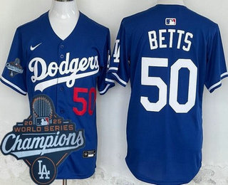 Men's Los Angeles Dodgers #50 Mookie Betts Blue 2025 World Series Champions Limited Jersey
