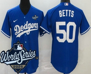 Men's Los Angeles Dodgers #50 Mookie Betts Blue 2025 World Series Cool Base Jersey