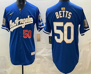 Men's Los Angeles Dodgers #50 Mookie Betts Blue Gold 9x B2B Champs Collection Limited Jersey