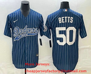 Men's Los Angeles Dodgers #50 Mookie Betts Blue Pinstripe Cool Base Stitched Baseball Jersey