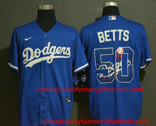 Men's Los Angeles Dodgers #50 Mookie Betts Blue Team Logo Stitched MLB Cool Base Nike Jersey