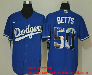 Men's Los Angeles Dodgers #50 Mookie Betts Blue Unforgettable Moment Stitched Fashion MLB Cool Base Nike Jersey 02