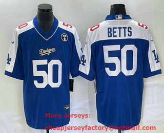 Men's Los Angeles Dodgers #50 Mookie Betts Blue Vin Scully Patch Pullover Stitched Jersey