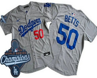 Men's Los Angeles Dodgers #50 Mookie Betts Gray 2025 World Series Champions Limited Jersey