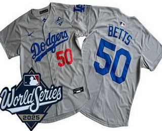 Men's Los Angeles Dodgers #50 Mookie Betts Gray 2025 World Series Limited Jersey